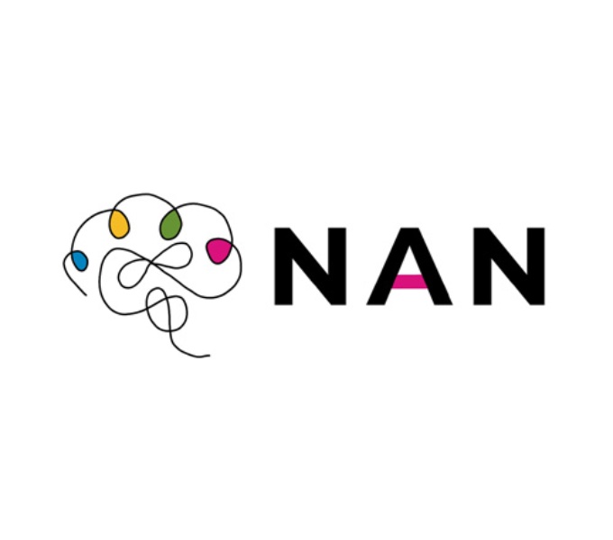 A squiggly string like line with blue, yellow, green and pink were the line loops. NAN is in bold black capital letters with a pink line at the centre ofthe letter A