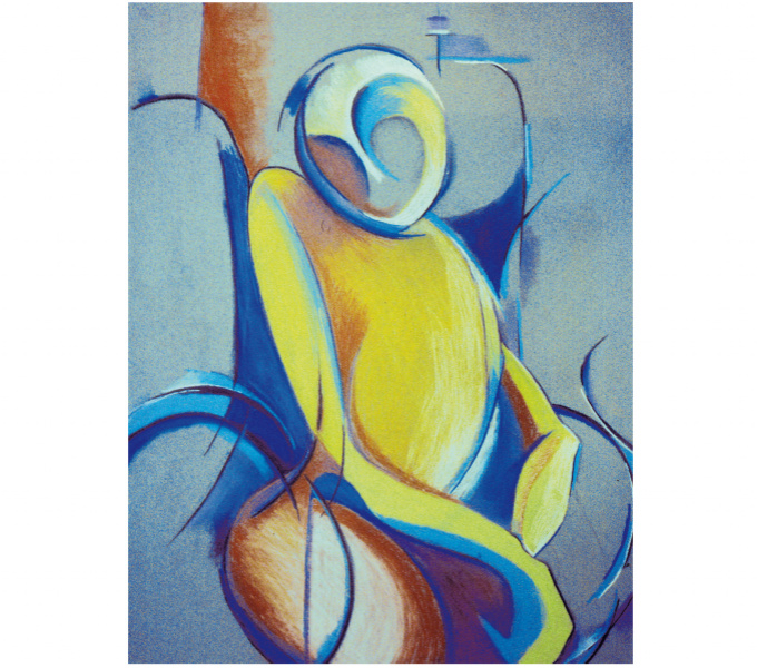 A pastel drawing of an abstract figure. The figure is formed of navy curved lines and blocks of bright colours against a pale blue background.
