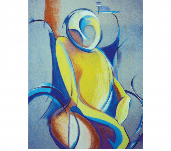 A pastel drawing of an abstract figure. The figure is formed of navy curved lines and blocks of bright colours against a pale blue background. 