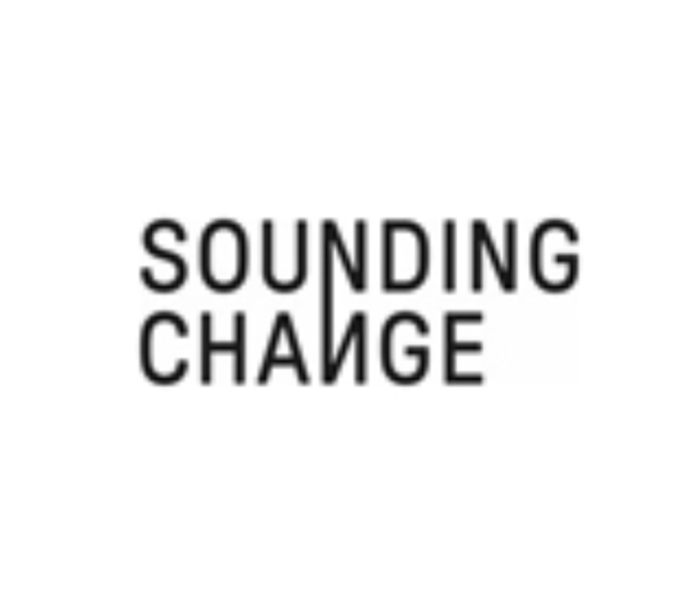 Logo of Sounding Change in black text against a white background. The word, sounding sits above the word change. The 'N' of change appears backwards. 