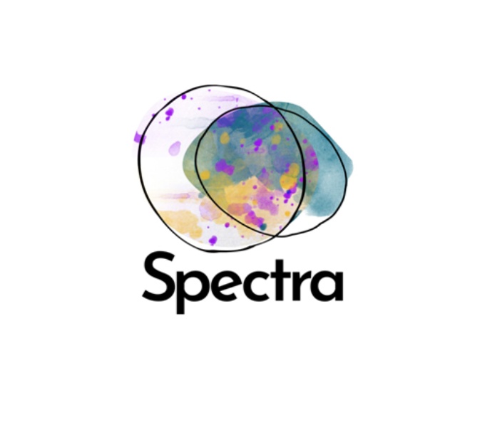 A digital image of two overlapping circles in a dripped black paint effect, coloured in with purple, green, pinkand orange hues in a water colour style. Below in black bold font is the organisaton name, Spectra.
