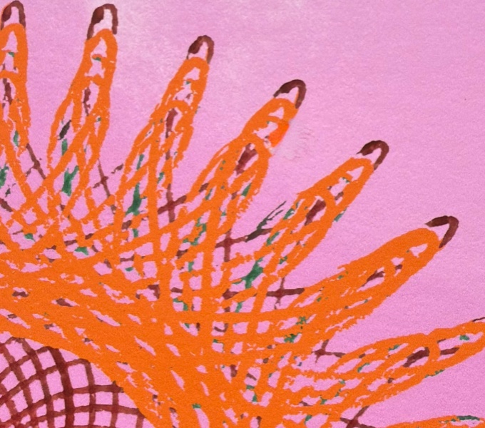 A pink background with one corner of an orange and burgundy circular spirograph drawing visible.