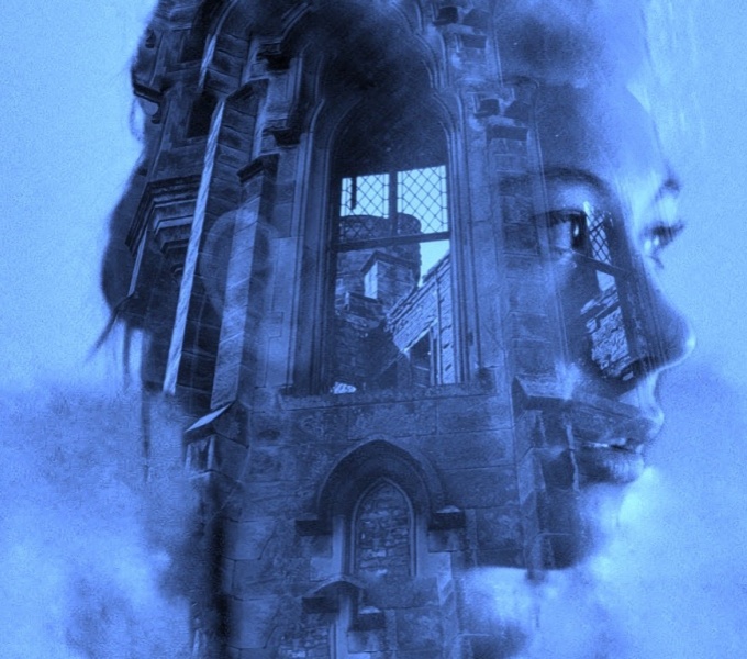  A blue toned background with two images overlaid on top of each other to create a distorted image. A figure of a woman's face is shown in half profile facing the right side of the image. In the centre of her head is an architectural detail from a gothic 