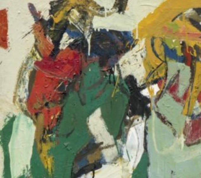Abstract painting in thick paint and texture. The paint colours include red, white, cream, green and brown.