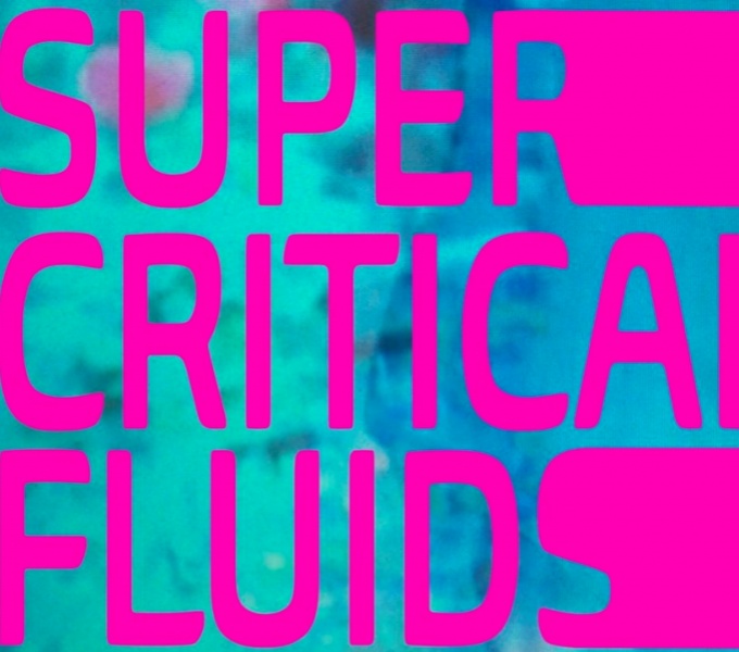 A computer image with a sea green background. Overlaid in bright magenta pink is the exhibition title: Super Critical Fluids. 