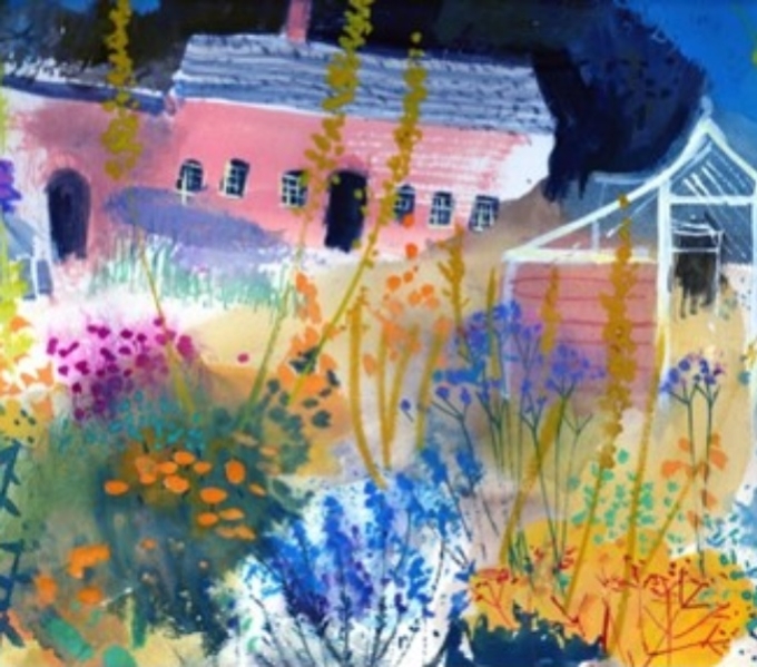 A painting of cottage garden with pastel and contrasting dark blue hues. There is a pink farmhouse to the top and rear of image, and the white outline of a green house to the right.