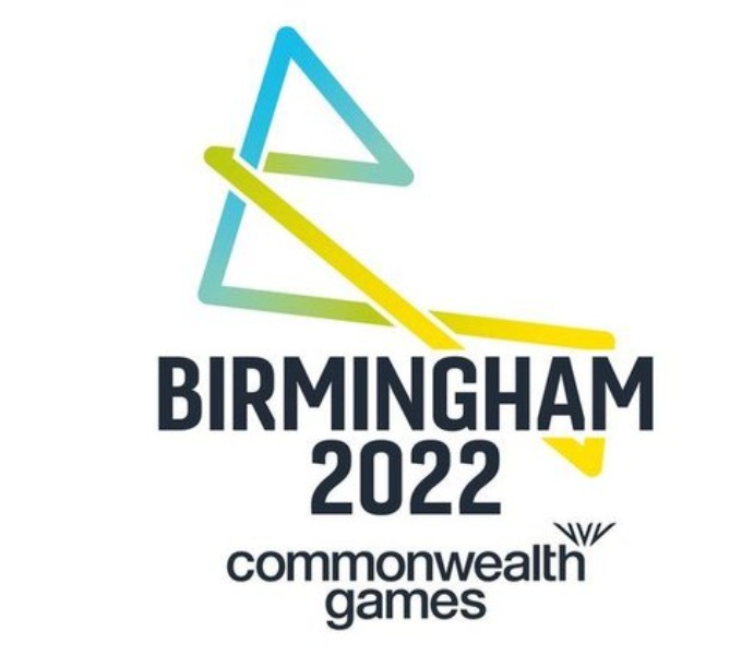 Birmingham 2022 Commonwealth Games logo. A bright blue and yellow stylised letter B in the back ground with the words Birmingham 2022 in the foreground in bold black lettering.