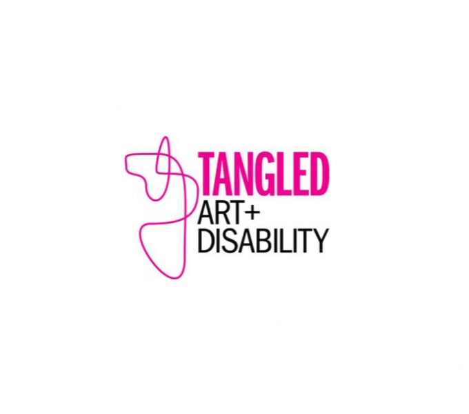 The black and magenta pink logo of Tangled Art and Disability. Tangled is in bright pink with single randomly looping pink line to the left. Below in black text are the words Art and Disabilty.