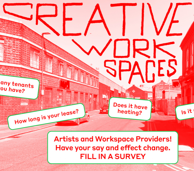 An urban street scene with a red filter applied over the image. The sky is entirely filled with the captalised words CREATIVE WORK SPACES. Questions in white filled, green-edged boxes are placed haphazardly over the buildings. A larger text box reads: Art