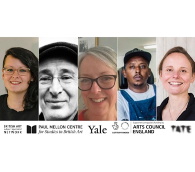 Photos of the seminar speakers, including 3 white females, one white make and 1 black male. Below in black text are the event supporters and funders; British Art Network, Paul Mellon Centre, Yale, ACE National Lottery Fund and Tate.