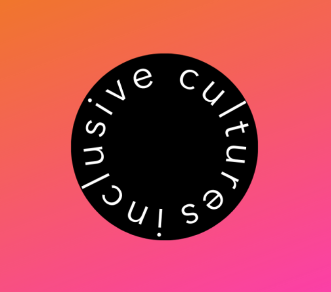 An orange background fading into pink. At the centre is a large black circle with the words; inclusive cultures in white text  around the inner edge.