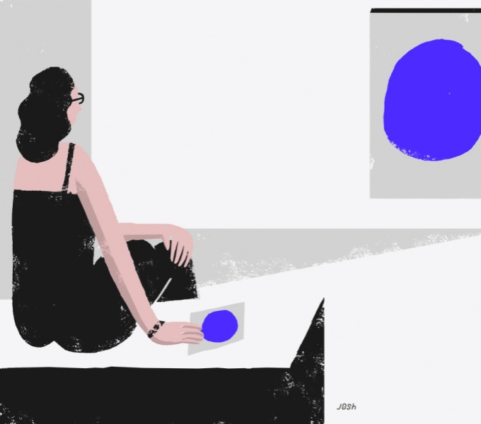 An illustration of a woman in a black dress seated in a white gallery spaces. She looks towards a large piece of art on the gallery wall of a blue circle on a grey square background. 