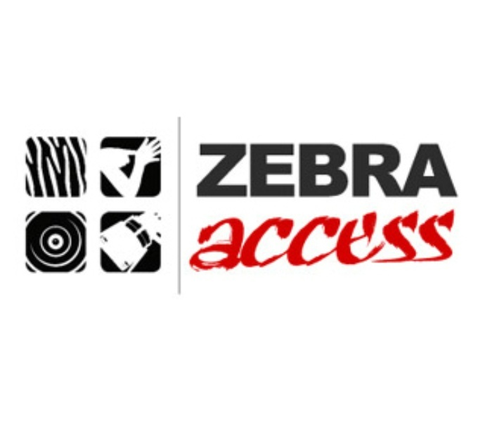 Zebra in black text with the word access underneath in red. To the left are four abstract black and white images in a square formation.