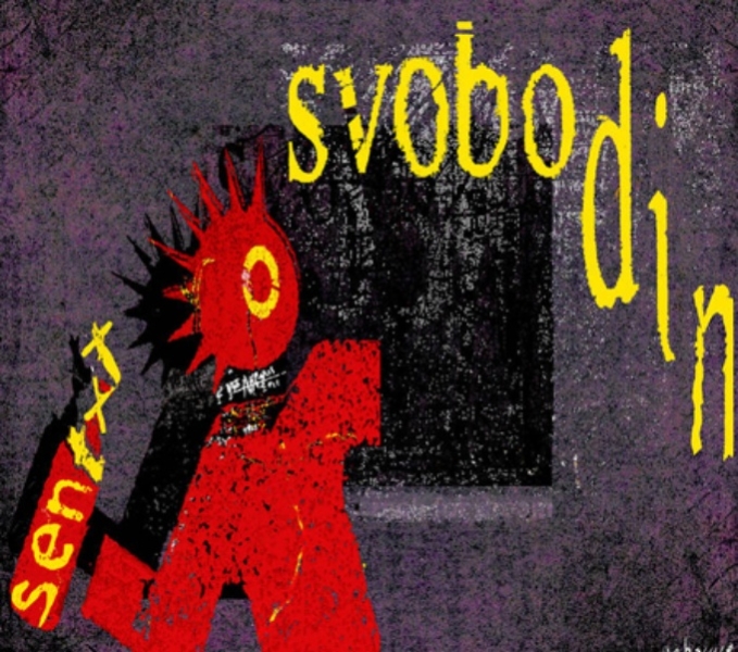 A black background with an illustrated figure in red with spiked, punk hair. A large yellow circle creates the eye. One arm is drawn back as if to throw with the word, sen, in yellow text. To the right is the word svobodin. meaning freedom in Czech.