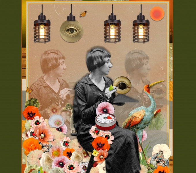 A poster for the WAIWAV event in the cut up style of dada. A black and white photo of a 1920's woman is centre, surrounded by brightly coloured cut out flowers, eyes, lamps and birds.