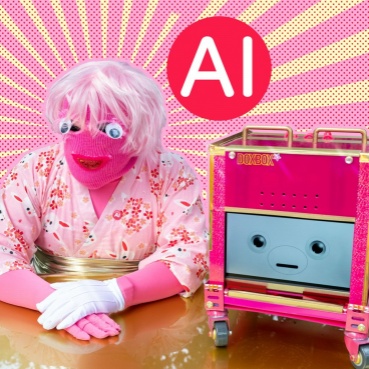 A person in a pale pink wig, bright pink face mask and floral pink kimono is seated a t a table. Their rubber gloved hands rest on the table in front  of them. To the right is what appears to be a bright pink vintage style radio.
