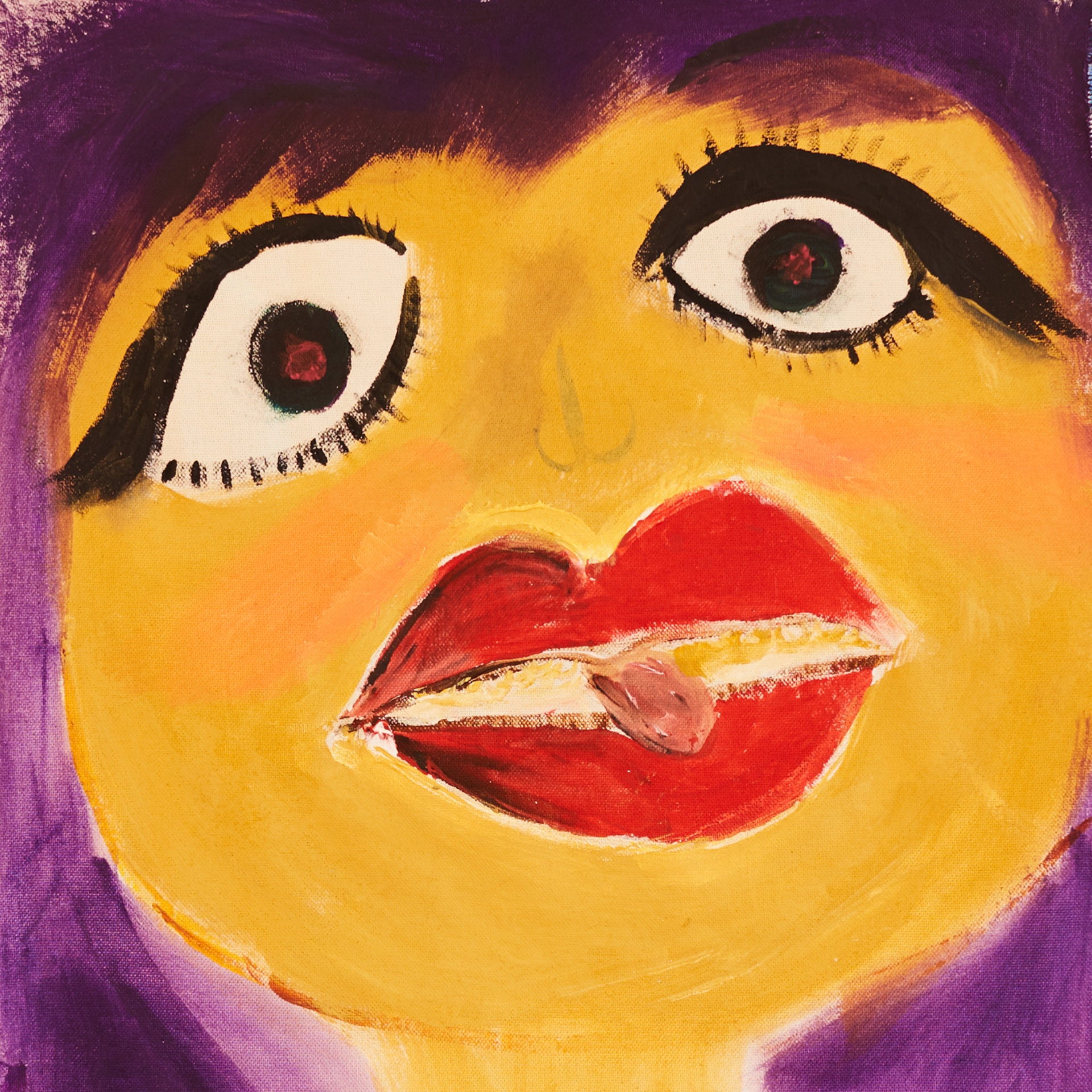 A hand painted close up of a face. The face is yellow in colour with large bright red lips and large eyes with apparent black eyeliner.