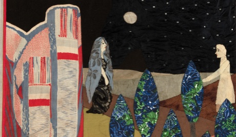 A textile work by Elizabeth Allen that shows different coloured fabric materials stitched together to form a scene depicting a woman wearing a blue patterned flower shawl standing in a field of trees under a bright white moon and starry sky. 