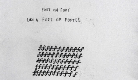 A white piece of paper the the words 'Fort on fort. Like a fort of fortes' written at the top in capitals. Beneath are 5 lines of 12 forte symbols with a horizontal lines cutting through them. 