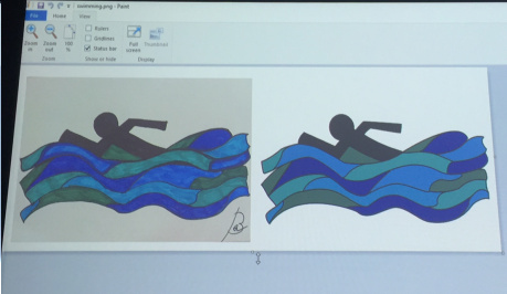 Two pictures side by side of a figure swimming. The picture on the left is created with pens and paper, the figure is black and the water below them is wavy blocks in different shades of blue. The picture on the right is a digital version of the first.