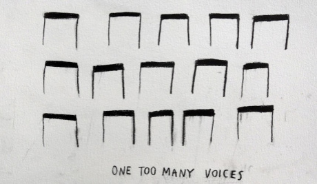 A landscape sheet of paper with three rows of five double quaver stems drawn in black pen. Written in capitals beneath are the words 'One too Many Voices'
