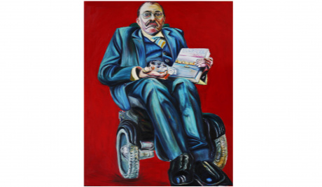 An oil painting of Sir Bert Massie wearing a blue suit and sitting in a wheelchair holding a model car in one hand and a book titled Liverpool 800 in the other. 
