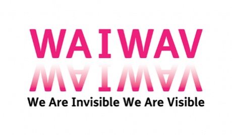 WAIWAV in magenta pink capital letters against a white background. Below is a mirror image of WAIWAV, the letters are upside down and faded. Underneath is the project title: We Are Invisible We Are Visible in small, bold black type.