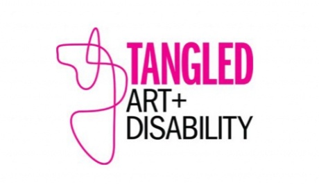 The black and magenta pink logo of Tangled Art and Disability. Tangled is in bright pink with single randomly looping pink line to the left. Below in black text are the words Art and Disabilty.