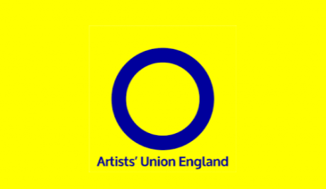 A bright yellow background with a blue circle in the centre. Below in the same blue colour is the organisation name; Artist Union England