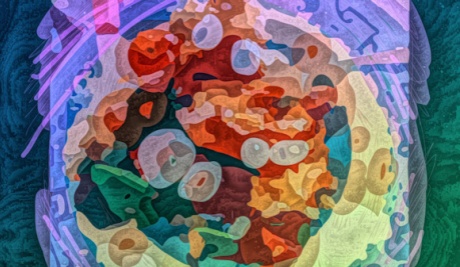 Image is landscape profile and shows a colourful artwork, with patchwork – like shapes. The artwork is flanked by two strips on the left and right hand sides of dark greens and blues. There are other areas of colour roughly divided into rainbow colours. 