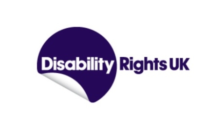 Purple logo. to the left a purple circle is peeled back at the corner. Across the circle in white text is the word Disability, to the right of this in purple text are the words Rights UK.