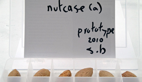 in a plastic case with small compartments, containing almond nuts , with a white piece of card above that says ' nutcase (a) prototype 2010 s.b.