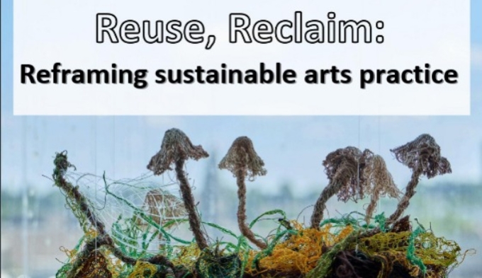 The cover of the publication Reframing Suatinable Practices, text runs about a row of mushrooms.