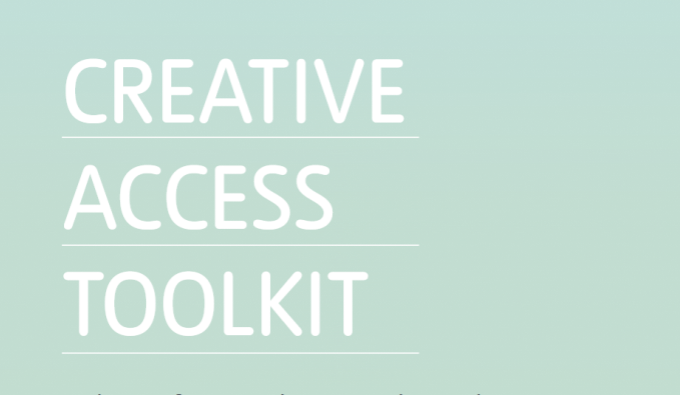 A mint green square with the words Creative access toolkit written in white, capitalised and underlined letters. Beneath this in black sentence case text is written ‘Advice for working with and supporting deaf, disabled and/or neurodivergent artists and a