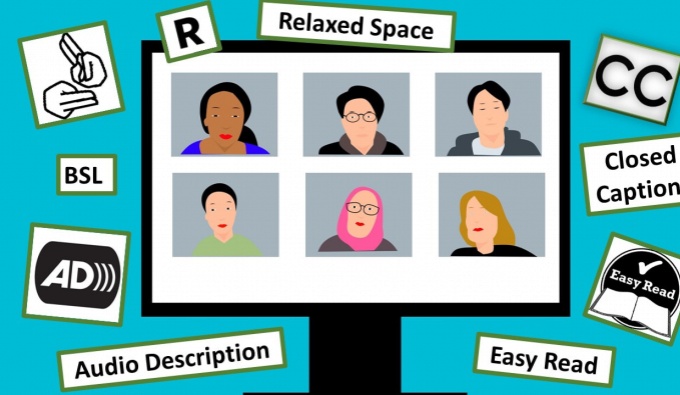A graphic design image of a computer screen with 6 people attending and online meeting. The computer screen is surrounded by a number of floating accessibility icons including: relaxed space, BSL, Audio Description, closed captions and easy read.