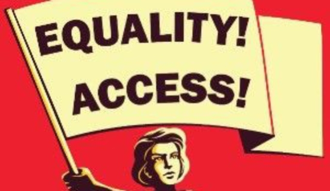 Illustration of woman stood against a red background. She is waving a large flag with the words Equality! and Access!