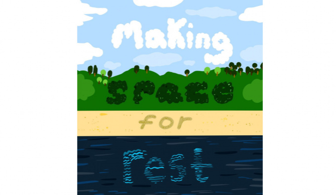 A square image of a landscape with a band of sky, greenery, sand and sea with the words making space for rest, with one word on each band.