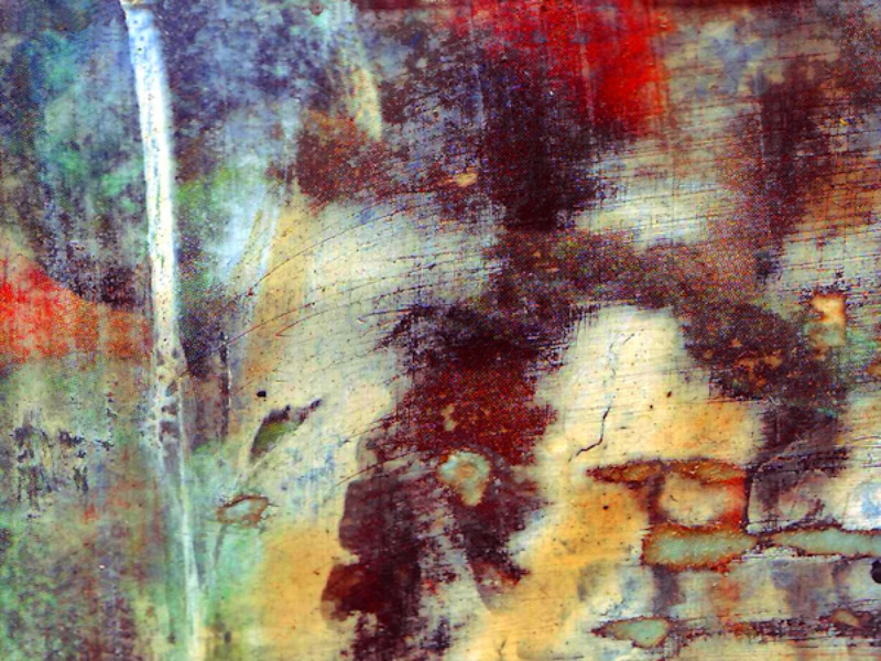  An abstract piece, of non descript shapes and merging colours in reds, creams, browns, greens and blues. Originally starting from an image of a printed leaflet the letter W and H are faintly visible in the bottom right corner.