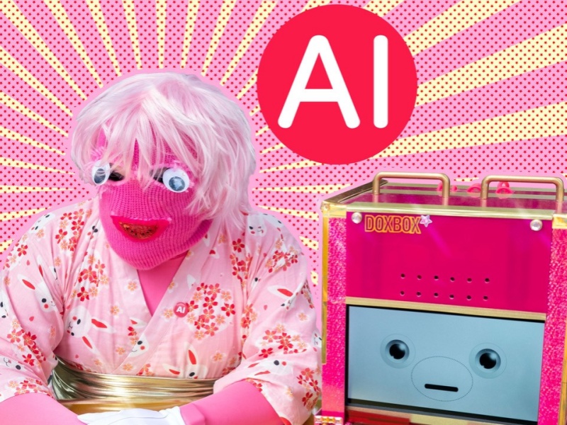 A person in a pale pink wig, bright pink face mask and floral pink kimono is seated a t a table. Their rubber gloved hands rest on the table in front of them. To the right is what appears to be a bright pink vintage style radio.