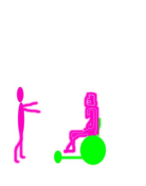 Joy by Bill Jones. Artistic illustration using digital mix media techniques. On a plain white background, a pink figure with arms outstretched is reaching towards a pink female figure seated in a green wheelchair.