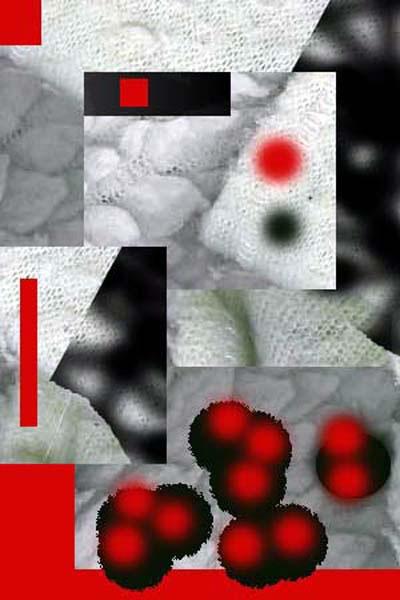Rain by Joy Tudor. A digitally manipulated photographic image. An abstration of grey and white wool and knitted yarn, in squares and rectangles. Collaged with red and black rectangles and circles.