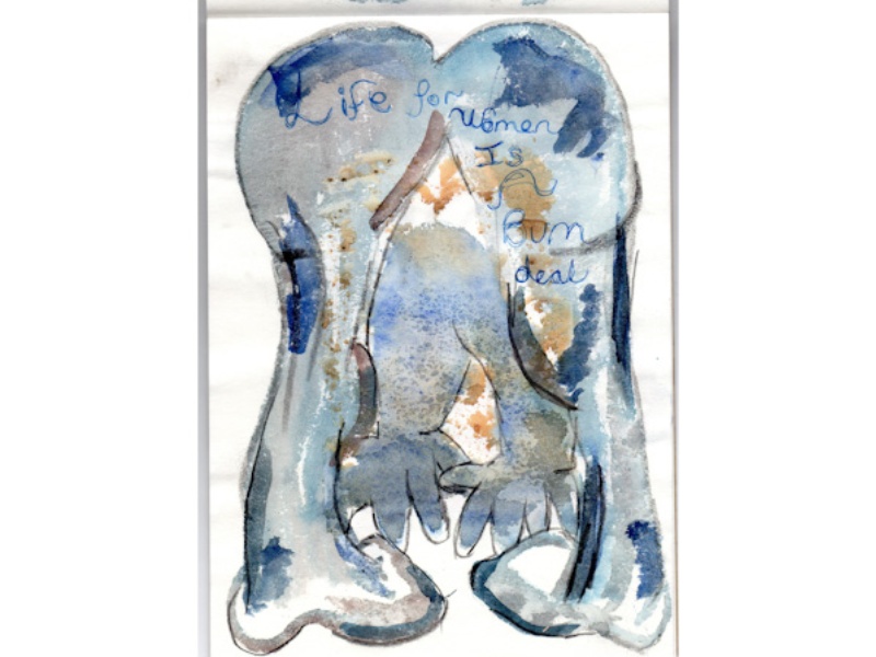 Paint and ink image in blues of a naked figure bending over away from the viewer. The figures hands visible through their legs. Across the naked bottom of the figure are words; Life for Women is a Bum Deal, written in pen.