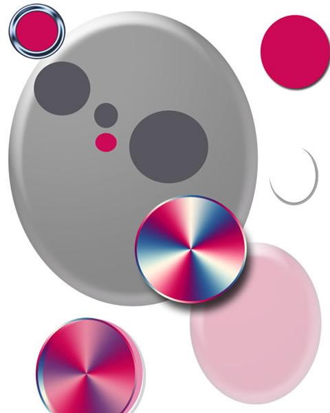 Pink, grey and multicoloured circles and ellipses float on a white background. The multicoloured circles are white, pink and blue. Image by Joy